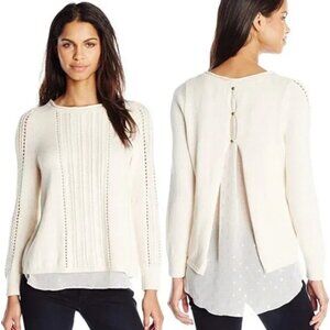 Lucky Brand Cream Sweater L Metalic Gold Cable Knit Braid Sheer Open Back Detai